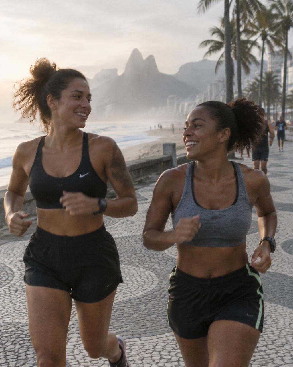 Duas mulheres correndo juntas na orla