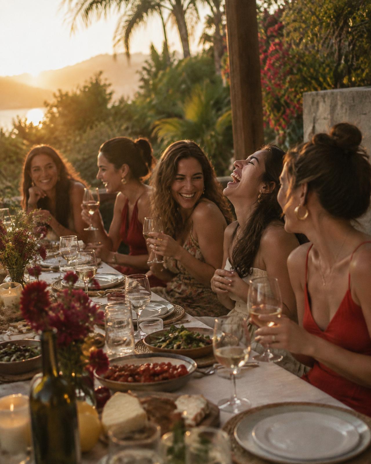 Amigas rindo em um jantar ao ar livre